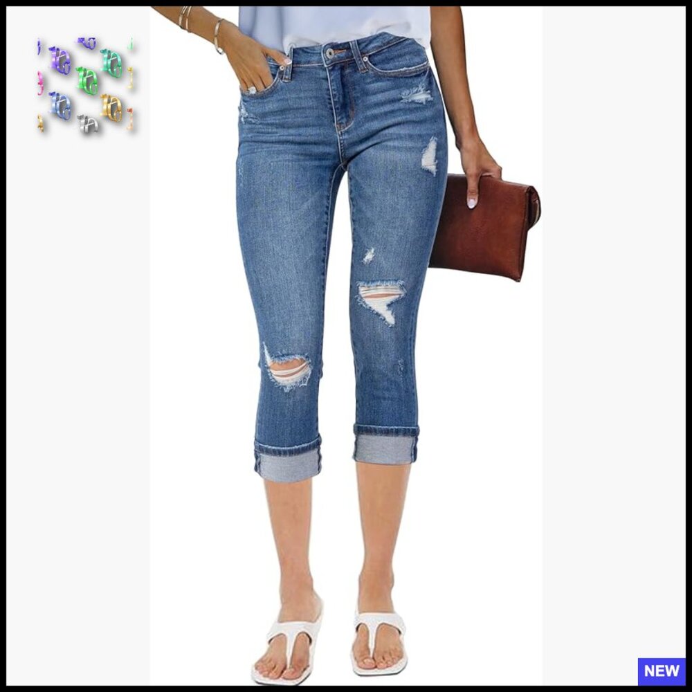 Distressed High Waisted Skinny Capri Jeans Stretch Cropped Y2k Chic Casual